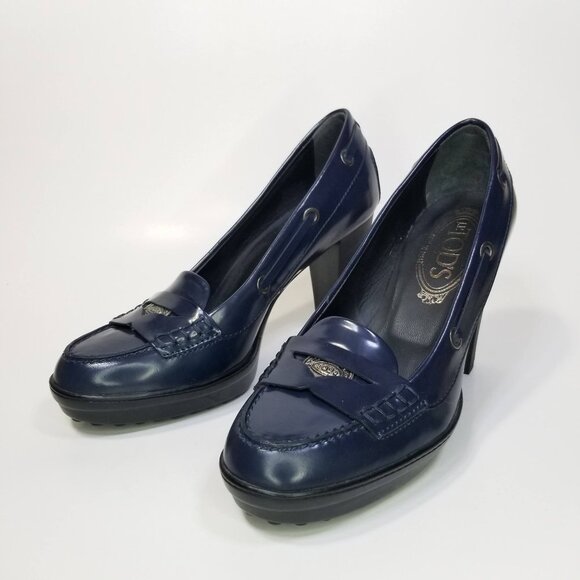Tod's Women's Patent Leather Penny Loafer Pumps Blue Size EU 35/US 5 block heel - Picture 1 of 15